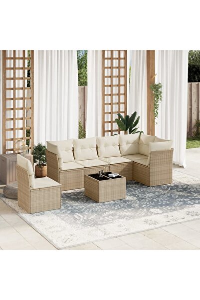 vidaxl Set canapele de gradina, 7 piese, cu perne, bej, poliratan