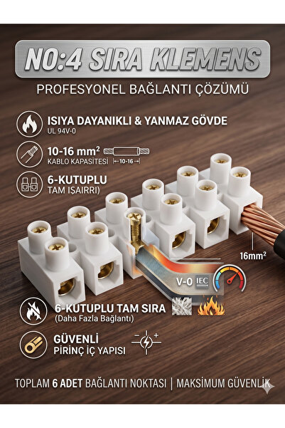 ECONA NO:4 Sıra Klemens 6'lı Set - 10-16 mm² Yanmaz Isıya Dayanıklı Kablo Kon...