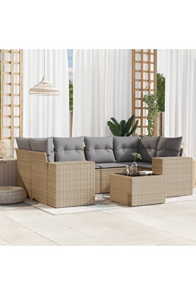 vidaxl Set canapele de gradina, 7 piese, cu perne, bej, poliratan