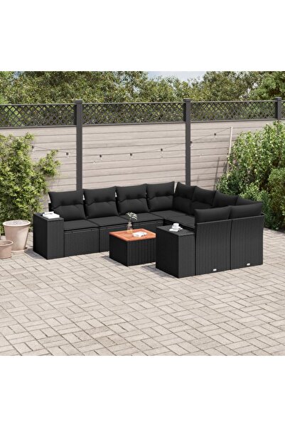 vidaxl Set mobilier de gradina cu perne, 9 piese, negru, poliratan