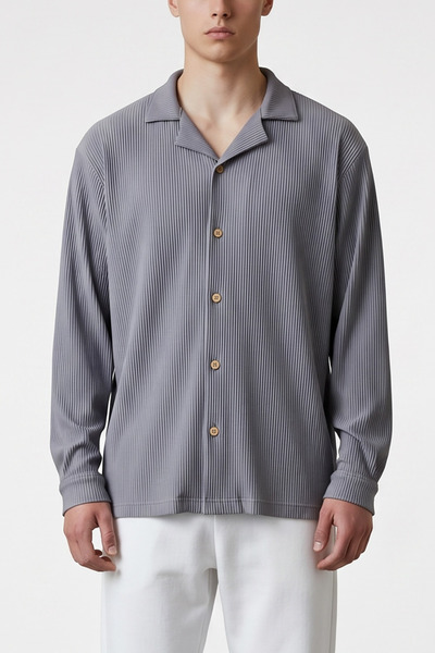 modasende Men's Gray Ottoman Fabric Long Sleeve Relaxed Fit Shirt
