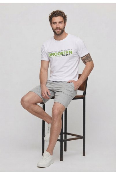 Duzor Father's Day White Men's Shorts T-Shirt Set 100% Cotton Sports Fitness Gym Sea New York Brooklyn Print Comfortable Fit