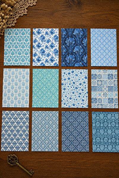 stickybloom Vintage Mavi Tonlu Desenler Temalı 12 Parça A5 Kağıt Seti Scrapbo...