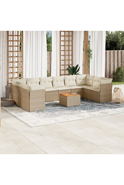 vidaxl Garden sofa set with cushions, 11 pieces, beige, polyrattan