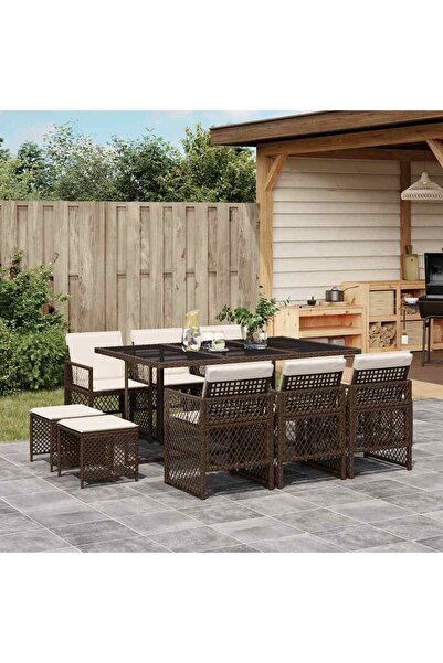 vidaxl Garden furniture set with cushions, 11 pieces, brown, polyrattan