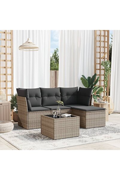 vidaxl Garden sofa set with cushions, 5 pieces, grey, polyrattan