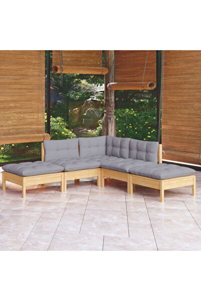 vidaxl Garden furniture set with gray cushions, 5 pieces, solid pine wood
