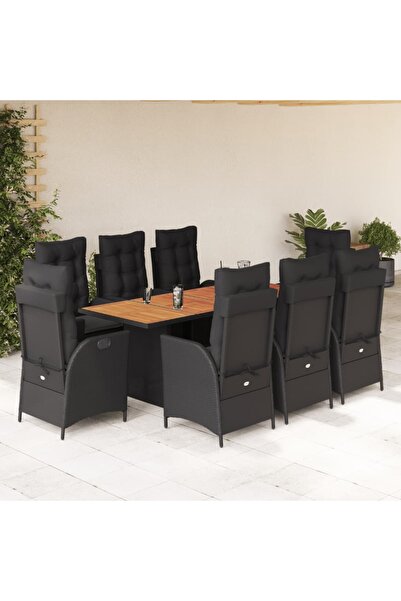 vidaxl Set mobilier de gradina cu perne, 9 piese, negru, poliratan