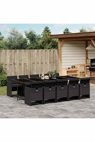 vidaxl Outdoor furniture set with cushions, 11 pieces, black, polyrattan