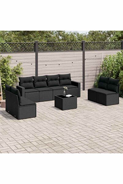 vidaxl Garden furniture set with cushions, 9 pieces, black, polyrattan
