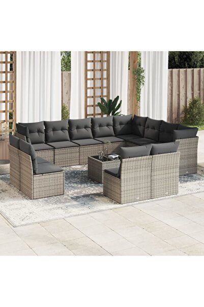 vidaxl Set mobilier de gradina cu perne, 13 piese, gri, poliratan