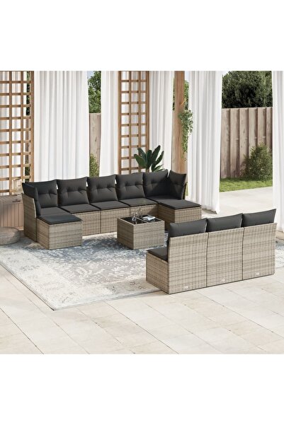vidaxl Garden sofa set with cushions, 11 pieces, grey, polyrattan