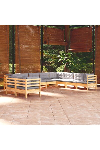 vidaxl Set mobilier gradina cu perne, 10 piese, gri, lemn masiv pin