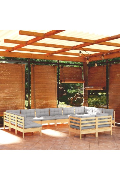 vidaxl Set mobilier gradina cu perne, 12 piese, gri, lemn masiv pin