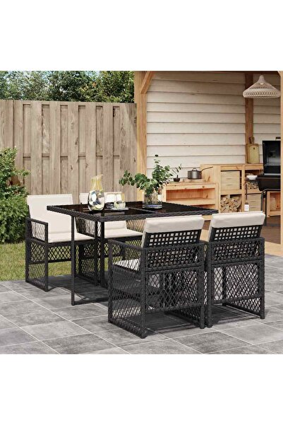 vidaxl Garden furniture set with cushions, 5 pieces, black, polyrattan
