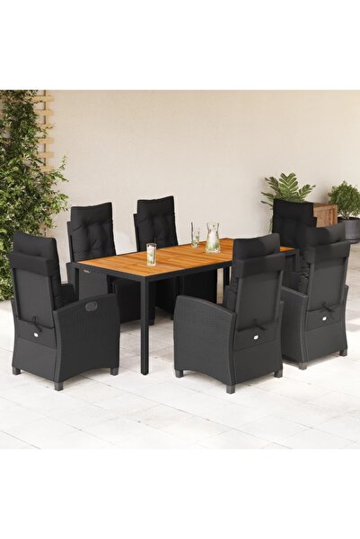 vidaxl Garden furniture set with cushions, 7 pieces, black, polyrattan