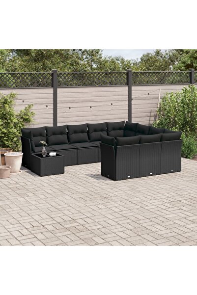 vidaxl Set canapele de gradina cu perne, 11 piese, negru, poliratan