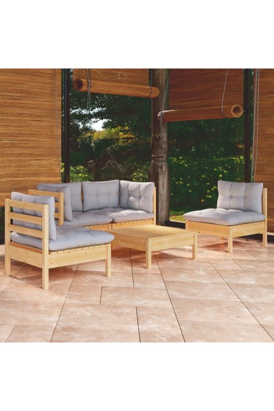 vidaxl Set mobilier de gradina cu perne gri, 5 piese, lemn masiv pin