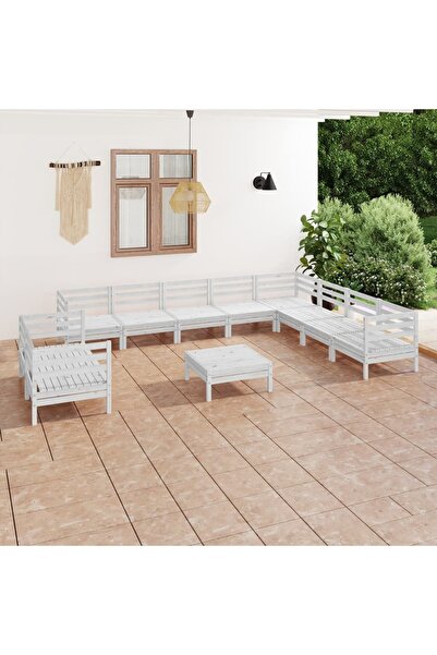 vidaxl Set mobilier de gradina, 11 piese, alb, lemn masiv de pin