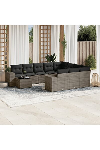 vidaxl Garden sofa set with cushions, 11 pieces, grey, polyrattan