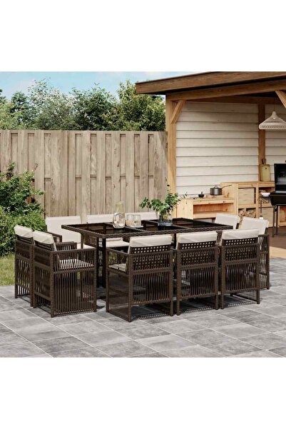 vidaxl Set mobilier de gradina cu perne, 11 piese, maro, poliratan