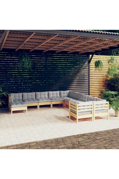 vidaxl Set mobilier gradina cu perne, 11 piese, gri, lemn de pin