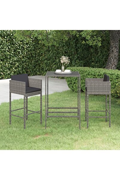 vidaxl Set mobilier bar de gradina, cu perne, 3 piese, gri, poliratan