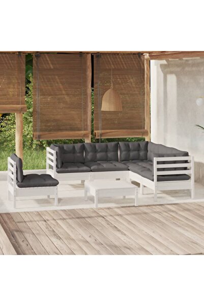 vidaxl Set mobilier de gradina cu perne, 6 piese, alb, lemn de pin