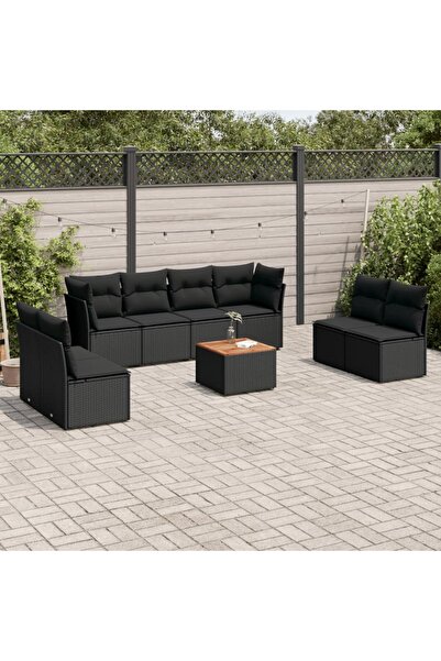 vidaxl Set mobilier de gradina cu perne, 9 piese, negru, poliratan
