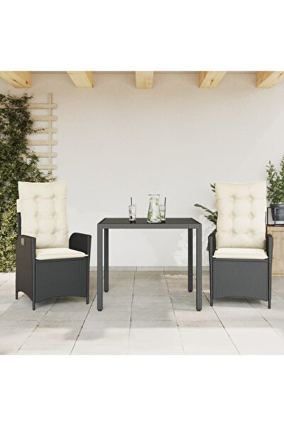 vidaxl Garden furniture set with cushions, 3 pieces, black, polyrattan