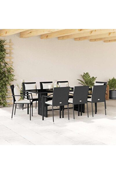 vidaxl Garden furniture set with cushions, 9 pieces, black, polyrattan