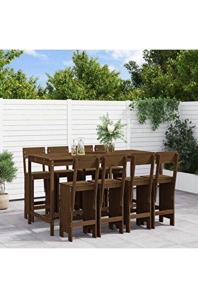 vidaxl Set mobilier bar de gradina, 9 piese, maro miere lemn masiv pin