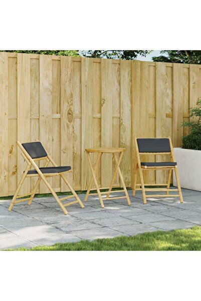 vidaxl Set de bistro pliabil, 3 piese, cu perne gri a®nchis, bambus