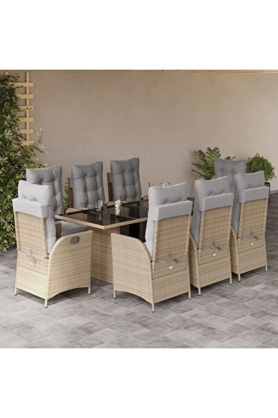vidaxl 9-piece garden table set with cushions, beige, polyrattan