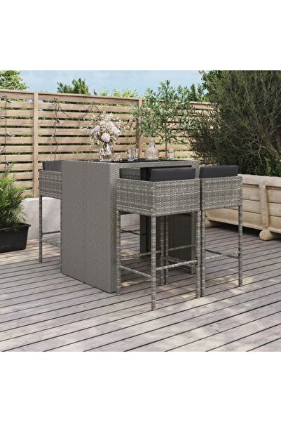 vidaxl Set mobilier bar de gradina, cu perne, 5 piese, gri, poliratan
