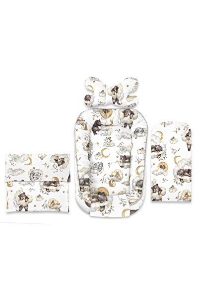 Qmini Set 4 in 1 Cosulet bebelus, Qmini, Baby Cocoon 75x55 cm, Din bumbac cer...