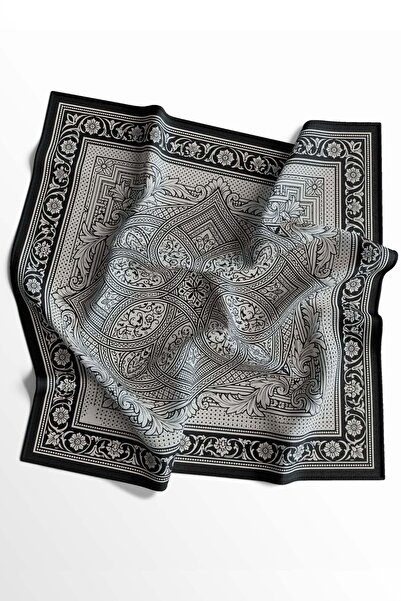 AFVENTE Ottoman Motif Pattern Black-Beige Soft Foulard Scarf 90X90 cm
