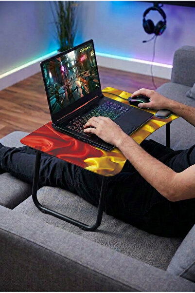 Zevahir Home Foldable Glass Laptop Stand - Wavy Yellow and Red Themed