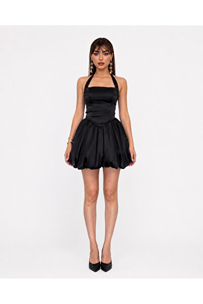 PARLAFASHION Parla Butik Kadın Siyah Sırt Dekolteli Bağlamalı Mini Elbise