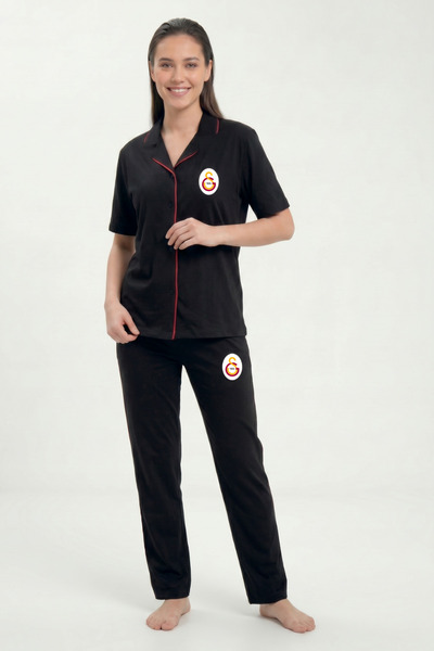 Galatasaray Orijinal Lisanslı Kadın Düğmeli Kare Yaka Pijama Takım