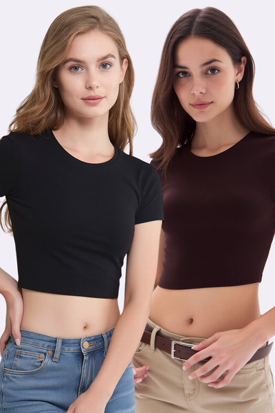 Pearlune Women's 2-Piece Crew Neck Short Sleeve Cotton Flexible Basic Crop To...