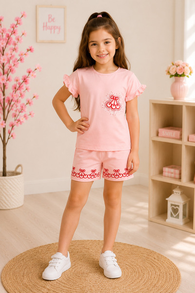 kahkaha kids Set de vară pentru fete, cu pantaloni scurți cu broderie cireșe