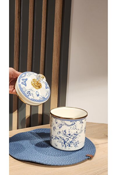 zaTen Pazar Emaye 15cm Large Jar Blue Flower