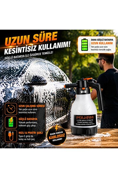 Polham Yeni Nesil 2 Litre Şarjlı Otomatik Basınçlı Araç Yıkama Köpük Püskürtücü, Araç, Jant, Bahçe Y