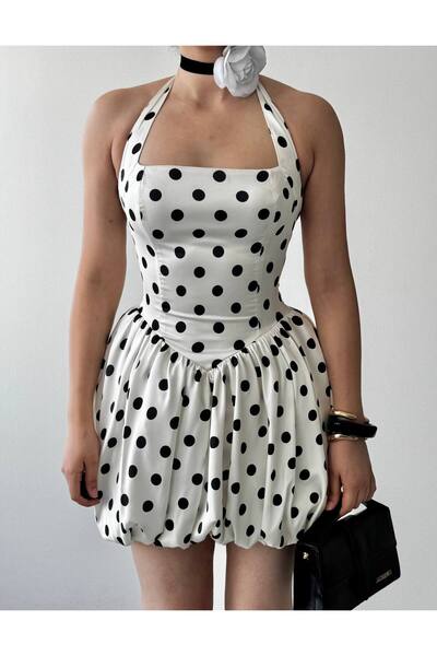 D'RECCY ROCHIE ELEGANTĂ DE DAMĂ, MINI, CU GULER HALTER, DIN SATIN, CU BULINE
