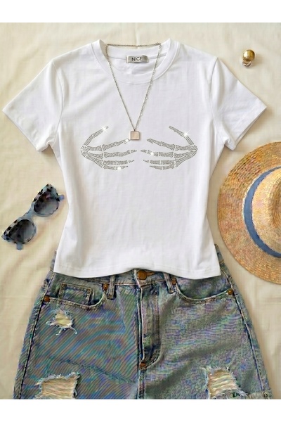 NİCE Women's Hand Stone Printed - Lycra Short Sleeve Body Tee Crop