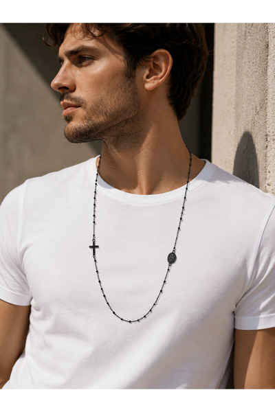 OEM Colier Unisex Cruce Laterala & Medalion Negru 70 cm, Lant Fin Tip Rosario...