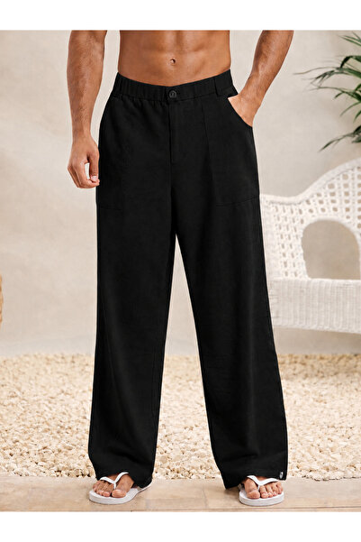 Afri Men's Black Wide-Leg Linen Trousers with Elastic Waist, Comfortable Cut,...