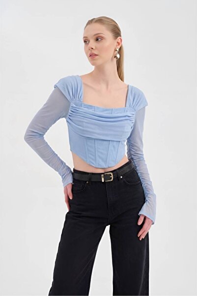 tw3 Women's Underwire Long Sleeve Off-Shoulder Tulle Detailed Design Corset