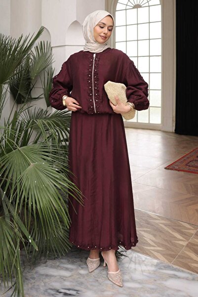 İmajButik Burgundy Elastic Sleeve Zippered Jacket Skirt Set